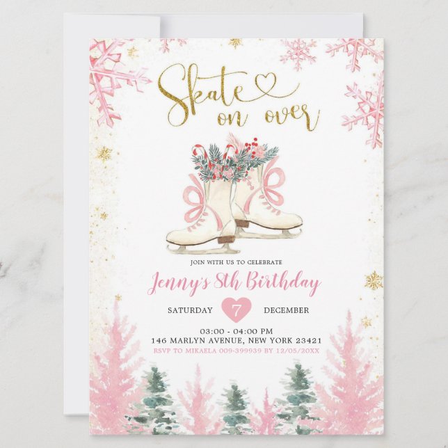 Winter Pink and Gold Girl Ice Skating Birthday Invitation (Front)