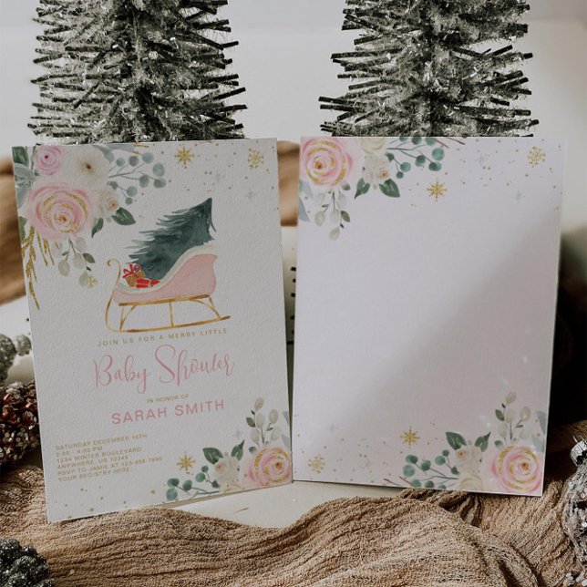 Winter Pink and Gold Sleigh Baby Shower Invitation (Creator Uploaded)