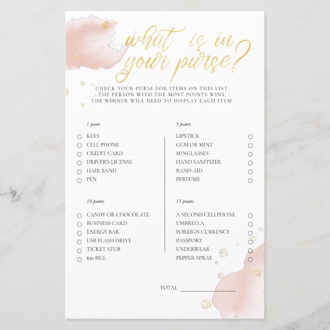 Winter Pink Baby Shower Game What Is In Your Purse (Front)