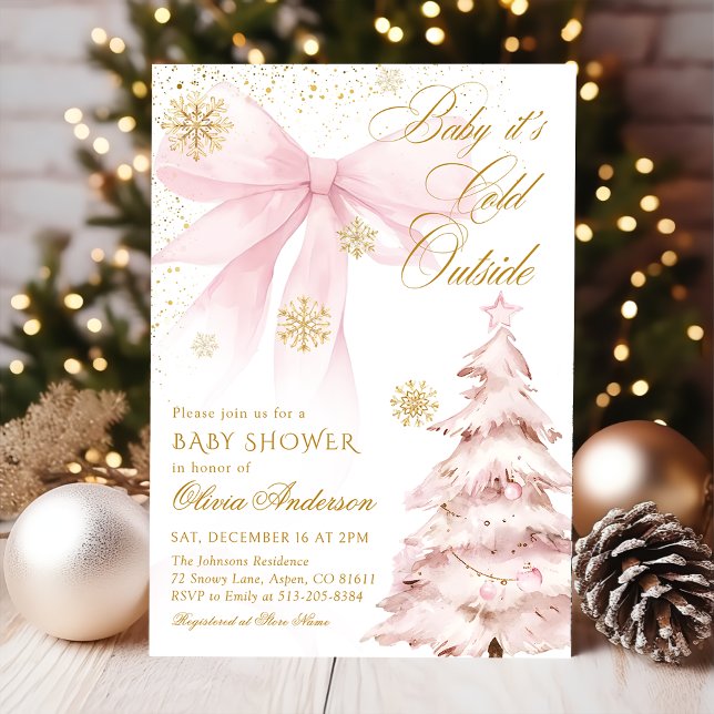 Winter Pink Bow Baby It's Cold Outside Baby Shower Invitation (Creator Uploaded)
