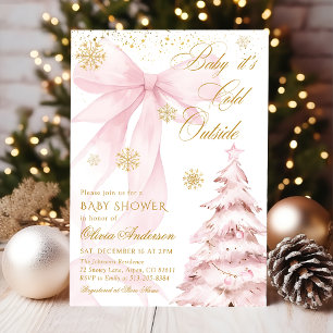 Winter Pink Bow Baby It's Cold Outside Baby Shower Invitation