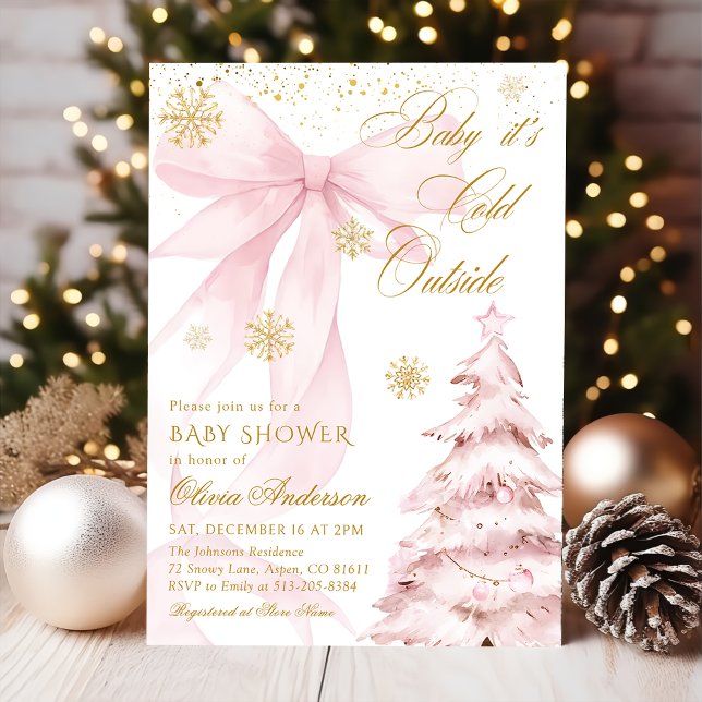 Winter Pink Bow Baby It's Cold Outside Baby Shower Invitation (Creator Uploaded)