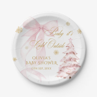 Winter Pink Bow Baby It's Cold Outside Baby Shower Paper Plate