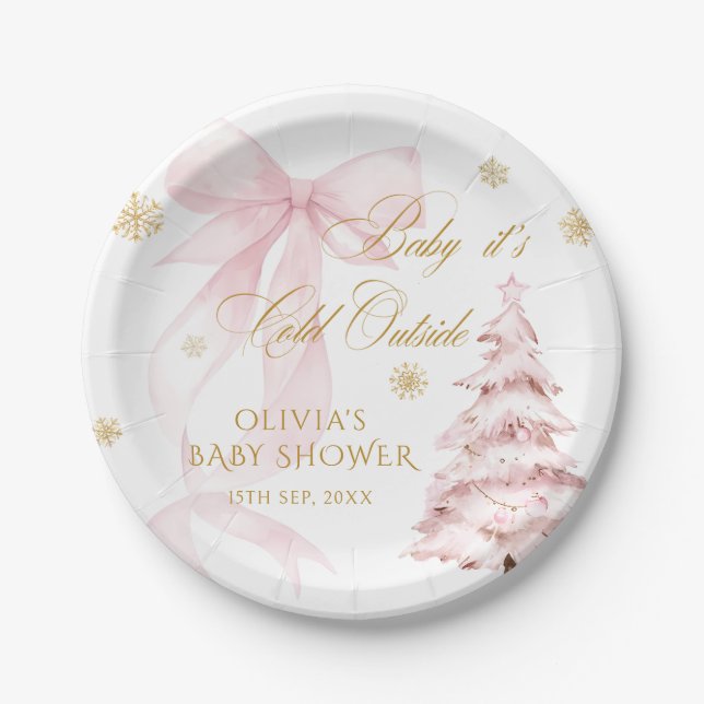 Winter Pink Bow Baby It's Cold Outside Baby Shower Paper Plate (Front)