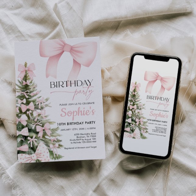 Winter Pink Bow Birthday Invitation (Creator Uploaded)