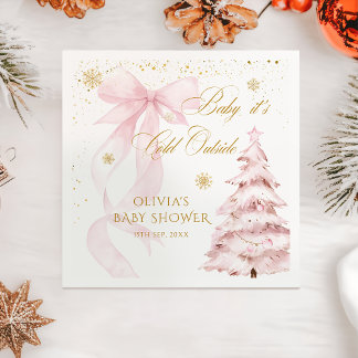 Winter Pink Bow It's Cold Outside Baby Shower Napkin