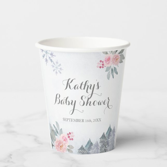 Winter Pink Floral Pine Trees Baby Shower Paper Cups (Front)