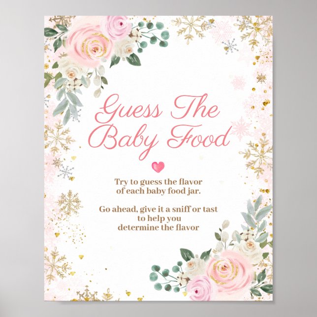 Winter Pink Floral Snowflake Guess the Baby Food Poster (Front)