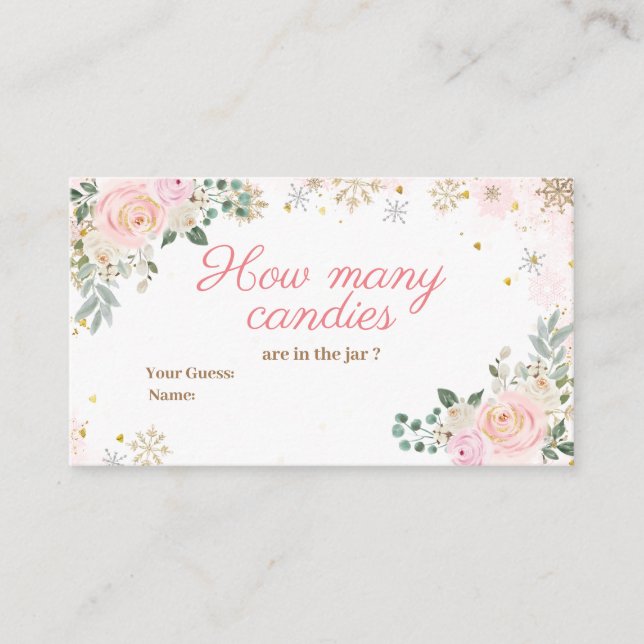 Winter Pink Floral Snowflakes How Many Candies Enclosure Card (Front)