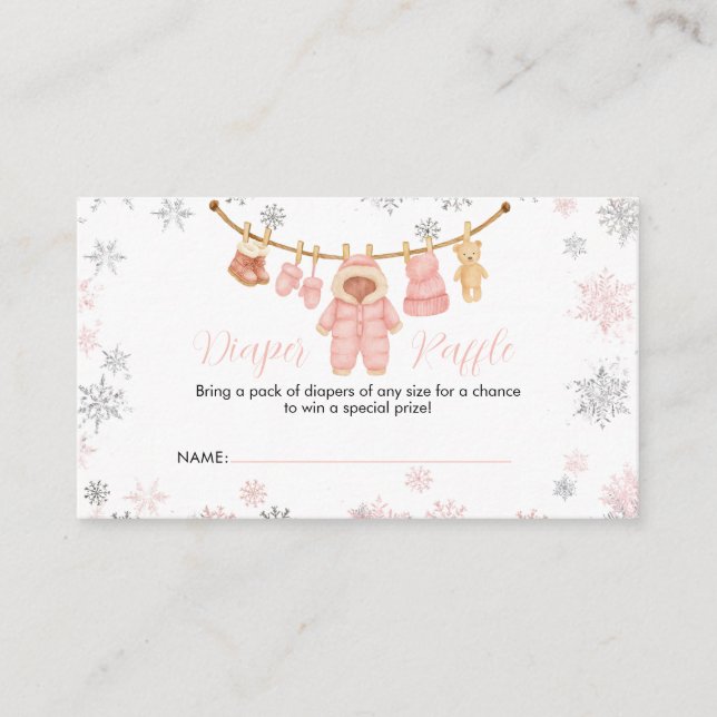 Winter Pink Girl Baby Shower Snow Diaper Raffle Enclosure Card (Front)
