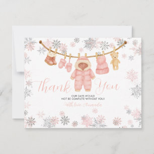 Winter Pink Girl Baby Shower Snowflakes Thank You Card