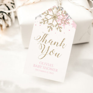 Winter Pink Gold Snowflake Baby Shower Favour Tags