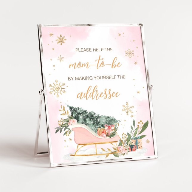 Winter Pink Gold Snowflake Envelope Station Poster (Pink Sleigh Baby Shower Envelope Station Sign)