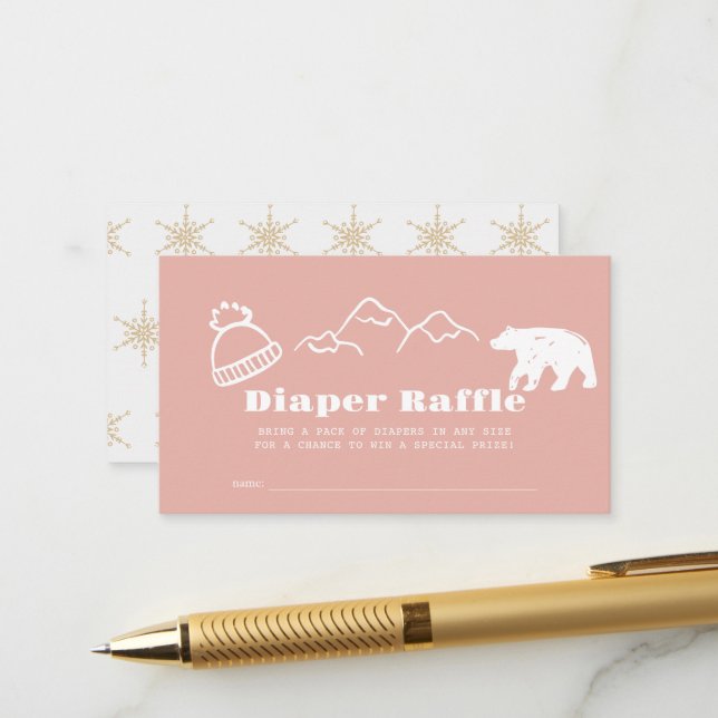 Winter Pink Hand-Drawn Baby Diaper Raffle Ticket Enclosure Card (Front/Back In Situ)
