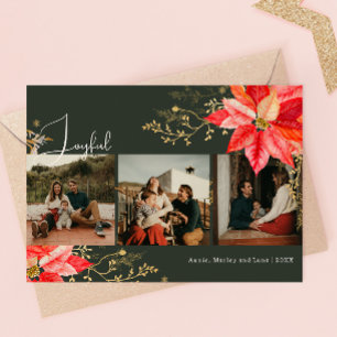 Winter Pink Joyful Three Photo Christmas Holiday Card
