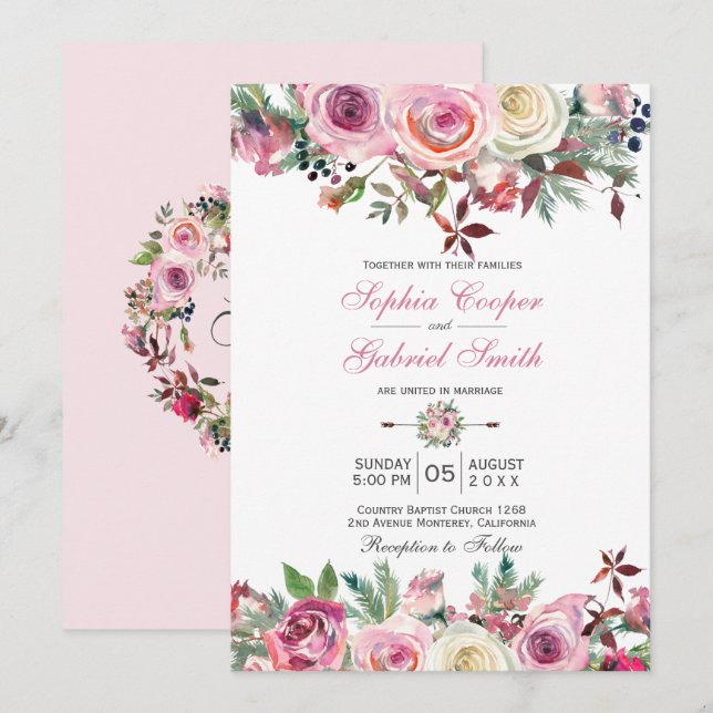 Winter Pink Mauve Rose Floral Pine Branch Wedding Invitation (Front/Back)