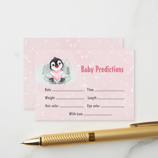 Winter Pink Penguin Baby Shower Game Predictions Enclosure Card (Front/Back In Situ)