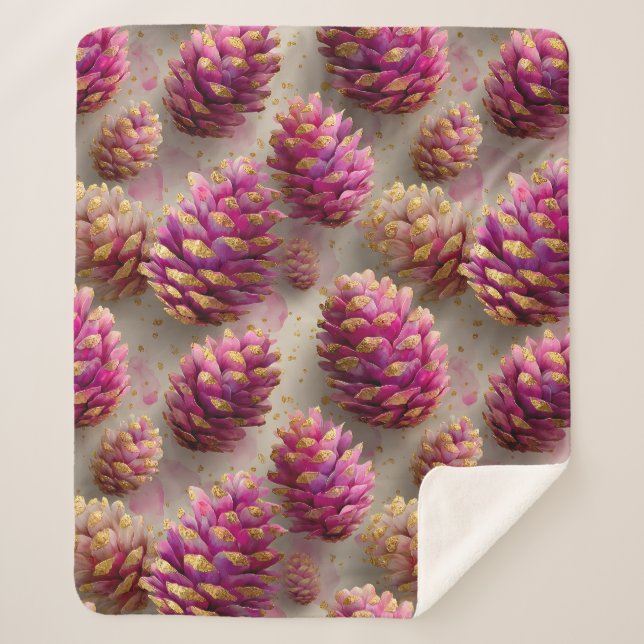 Winter Pink Pine Cones with Golden Accents Sherpa Blanket (Front)