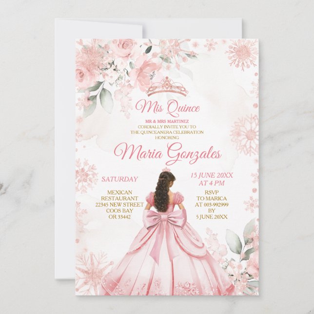 Winter Pink Rose Gold Floral Princess Mis Quince Invitation (Front)