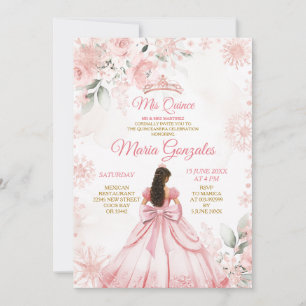 Winter Pink Rose Gold Floral Princess Mis Quince Invitation