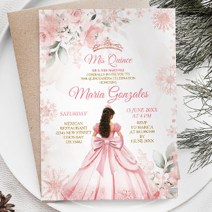 Winter Pink Rose Gold Floral Princess Mis Quince Invitation