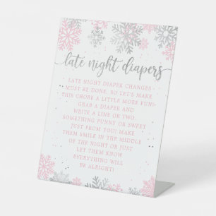 Winter Pink Silver Late Night Diapers Baby Shower Pedestal Sign