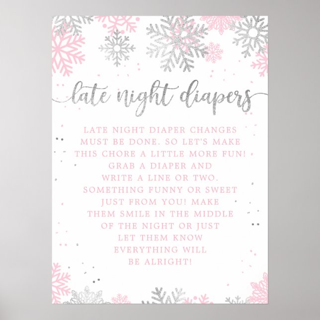 Winter Pink Silver Late Night Diapers Baby Shower Poster (Front)