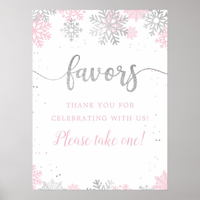 Winter Pink Silver Snowflake Favours Please Take 1 Poster (Front)
