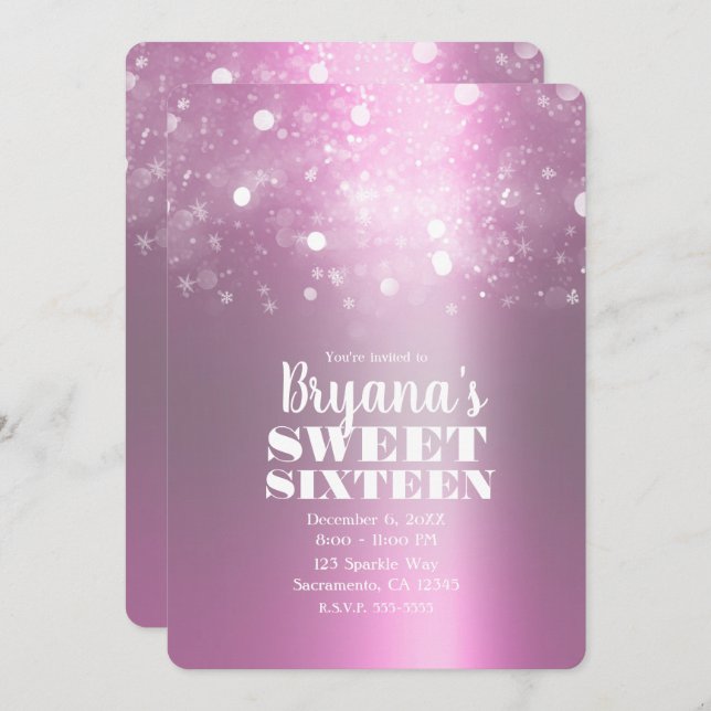 Winter Pink Silver Sparkling Lights Sweet 16 Party Invitation (Front/Back)