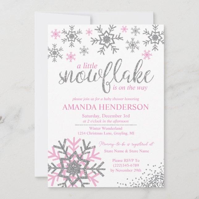 Winter Pink Snowflake Baby Shower Invitation (Front)