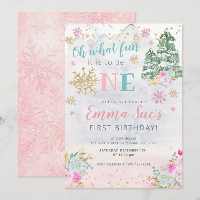 Winter Pink Snowflake Oh What fun First Birthday I Invitation (Front/Back)