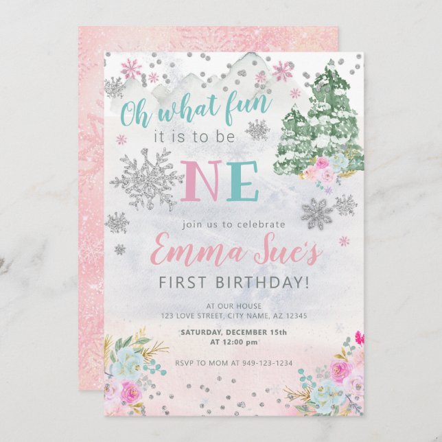 Winter Pink Snowflake Oh What fun First Birthday  Invitation (Front/Back)