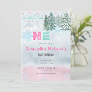 Winter Pink Snowflake Oh What fun First Birthday Invitation