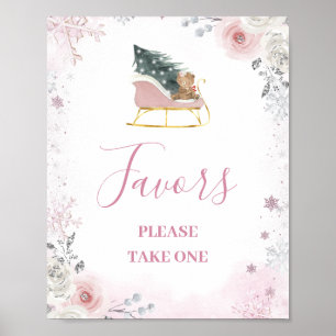 Winter Pink Snowflake Sleigh Baby Shower Favors Poster