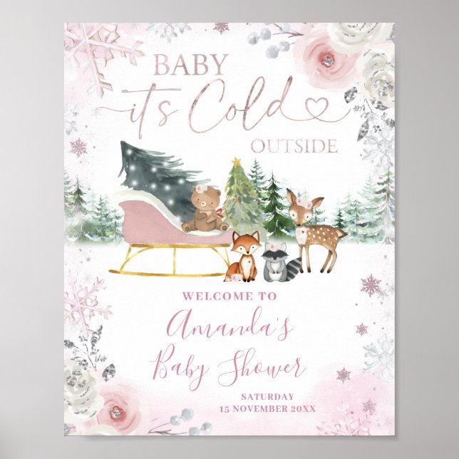 Winter Pink Snowflake Sleigh Baby Shower Welcome Poster (Front)