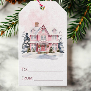 Winter Pink Vintage House Watercolor Christmas Gift Tags