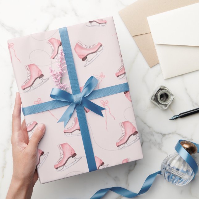 Winter pink watercolor ice skates shoes pattern wrapping paper (Gifting)