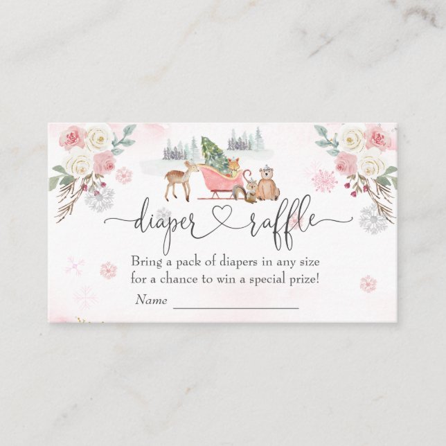 Winter Pink Woodland Animals Girl Diaper Raffle  Enclosure Card (Front)
