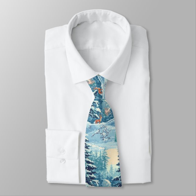 Winter Pixel Forest – Snowy Forest Scene Tie (Tied)
