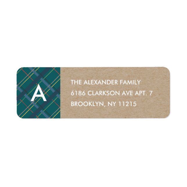 Winter Plaid Monogram Address Label - Teal (Front)