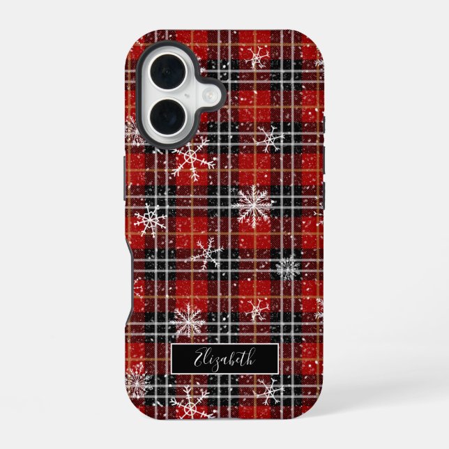 Winter Plaid Snowflakes Script Name iPhone 16 Case (Back)