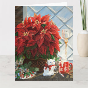 Winter Poinsettia, Ceramic kitten, Red mug egg-nog Card