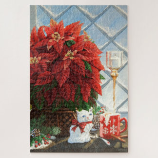 Winter Poinsettia, Ceramic kitten, Red mug egg-nog Jigsaw Puzzle