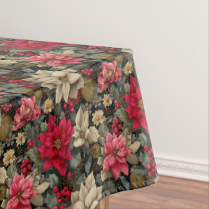 Winter Poinsettia Floral With Berries And Pine Tablecloth