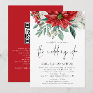 Winter Poinsettia Florals Foliage QR Code Wedding Invitation