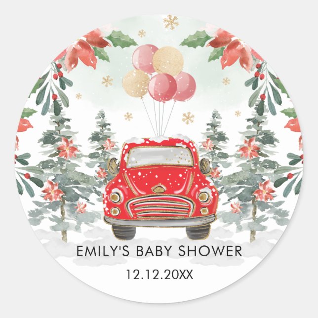 Winter Poinsettia Greenery Drive By Party Parade Classic Round Sticker (Front)