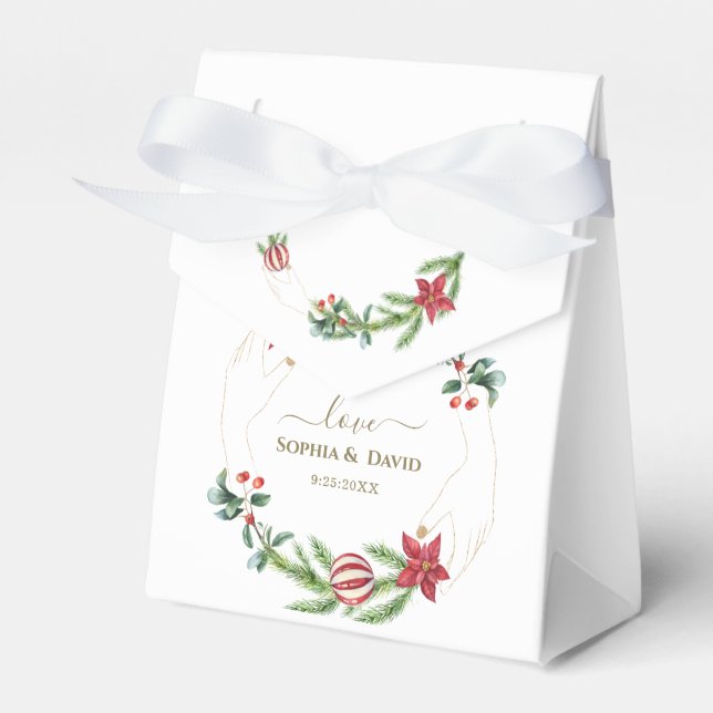 Winter Poinsettia Pine Berry Christmas Wedding Favor Box (Front Side)