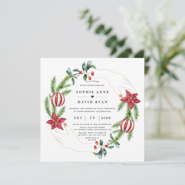 Winter Poinsettia Pine Berry Christmas Wedding Invitation (Standing Front)