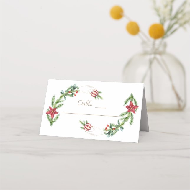 Winter Poinsettia Pine Berry Christmas Wedding Place Card (Front)