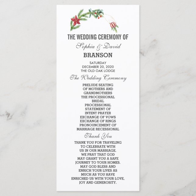 Winter Poinsettia Pine Berry Christmas Wedding Program (Front)